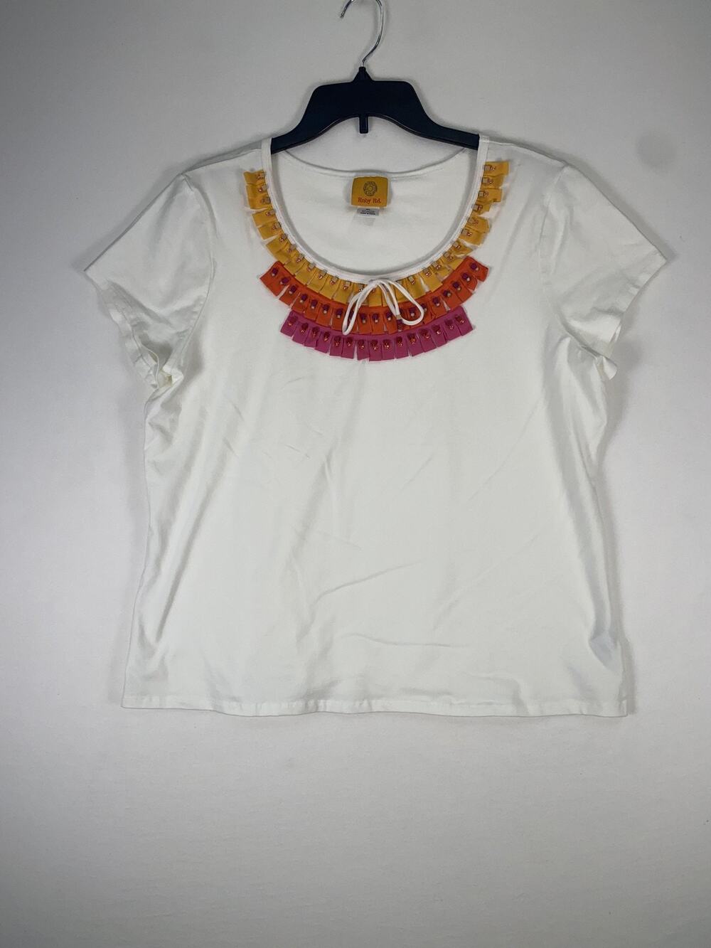 Ruby Rd. T-shirt Womens XL White Beaded Scoop Neckline Short Sleeve Top Stretch